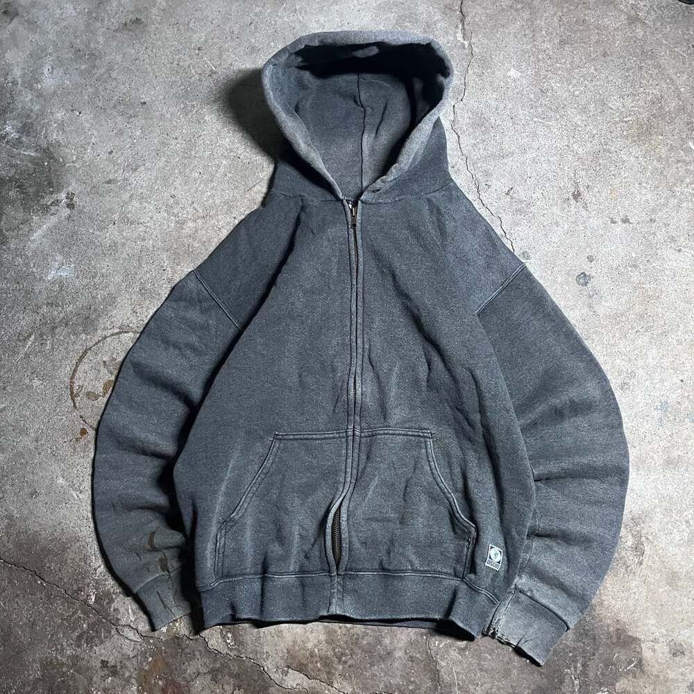Vintage Y2K faded dust Discus Athletic Charcoal Grey Zip-Up Hoodie